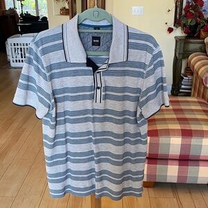 Boss Hugo Boss Men's Polo Shirt - Blue and Gray Stripes slim fit size large